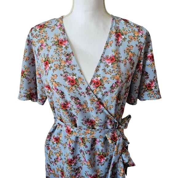 Topshop Floral Wrap Tea Dress Confetti Print Blue – Women’s Size 6 - Picture 2 of 6